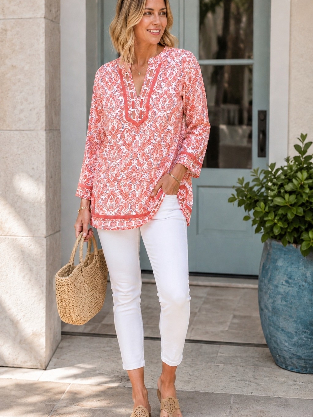 Saint Tropez West Coral/Peach Paisley Tunic Top Boho V-Neck 100% Cotton - Size L